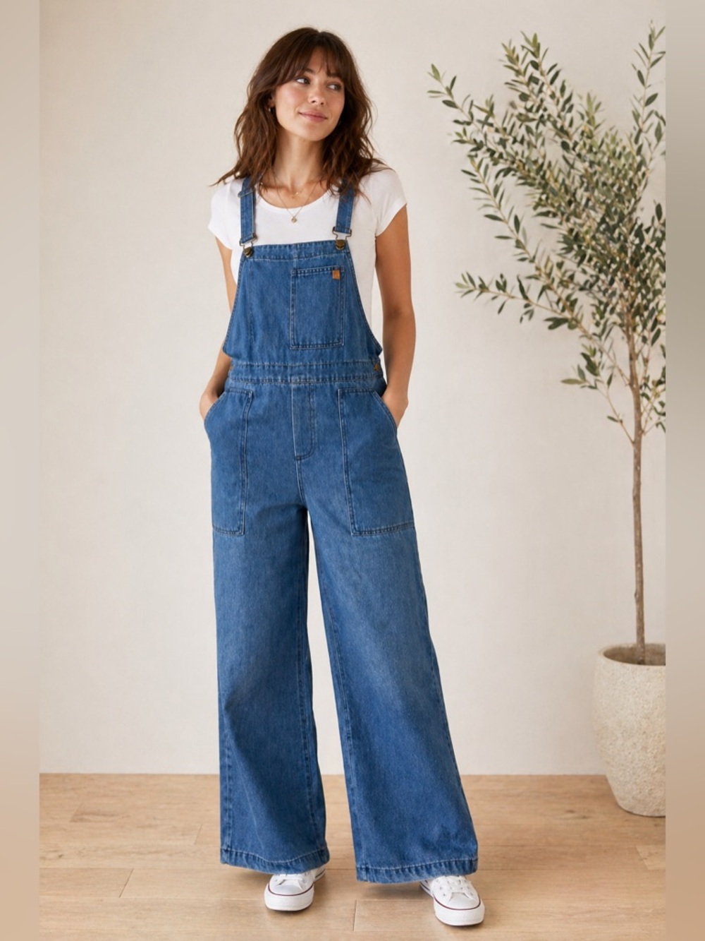 Biscuit Denim Overalls Wide Leg Side Zip Jumpsuit 100% Cotton Size S